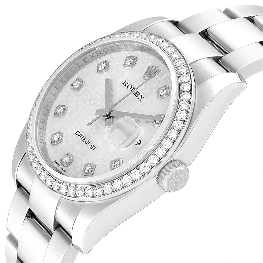 The image shows a close-up view of the Rolex Datejust 116244 Men's Stainless Steel Silver Dial 116244 Men's Stainless Steel Silver Dial watch, featuring its diamond bezel, dial, hour markers, and part of the bracelet.