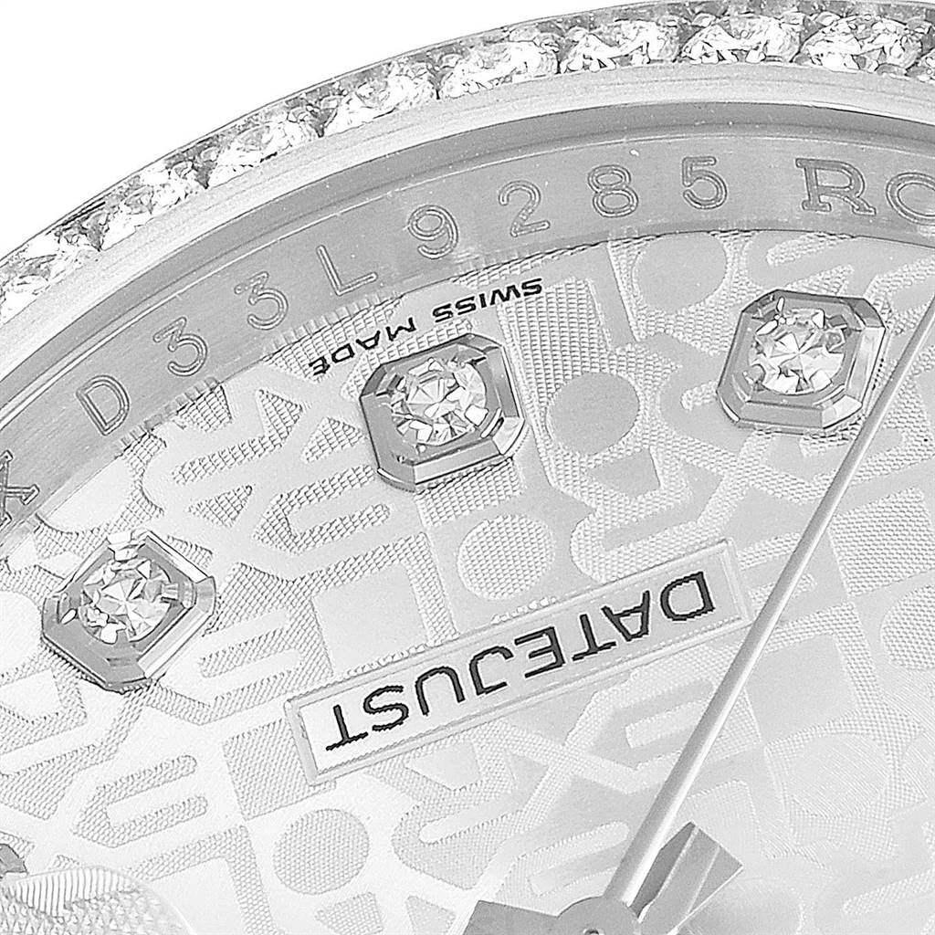 The image shows a close-up of the dial and bezel of a Rolex Datejust 116244 Men's Stainless Steel Silver Dial 116244 Men's Stainless Steel Silver Dial watch, highlighting the diamond markers and the "Datejust" label.