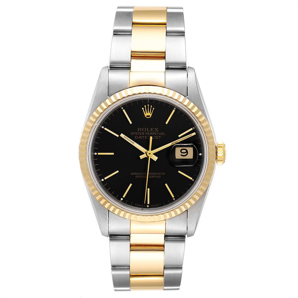 The image shows a front view of a Rolex Datejust 16233 Men
s Steel and Gold (two tone) Black Dial 16233 Men
s Steel and Gold (two tone) Black Dial, displaying its black dial, fluted bezel, date window, and two-tone bracelet.