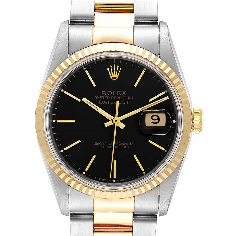 Rolex Datejust Steel Yellow Gold Black Dial Mens Watch 16233 SwissWatchExpo