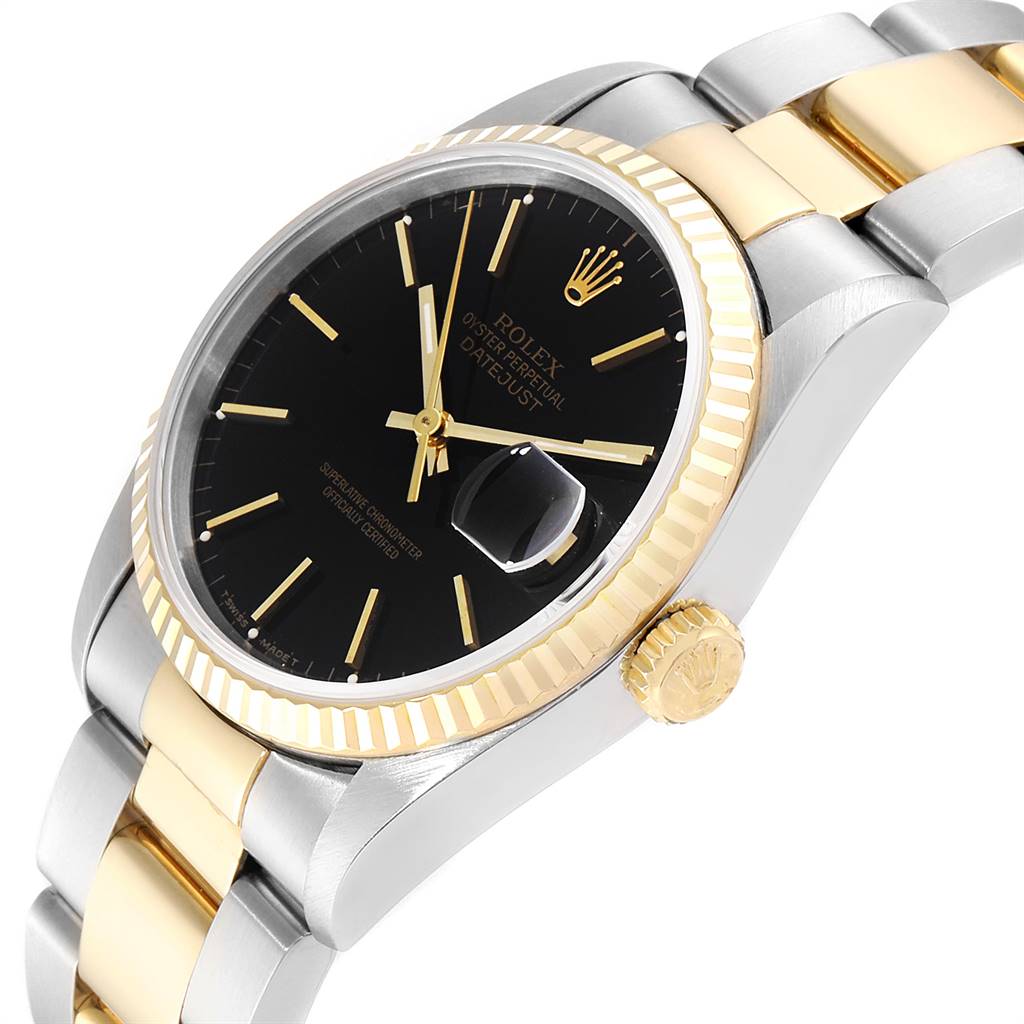The Rolex Datejust 16233 Men
s Steel and Gold (two tone) Black Dial 16233 Men
s Steel and Gold (two tone) Black Dial watch is shown from an angled side view, displaying the dial, bracelet, crown, and bezel.