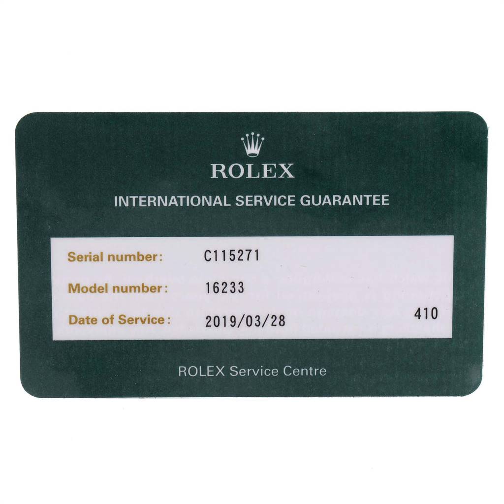 This image shows the International Service Guarantee card for a Rolex Datejust 16233 Men's Steel and Gold (two tone) Champagne Dial 16233 Men's Steel and Gold (two tone) Champagne Dial model 16233.