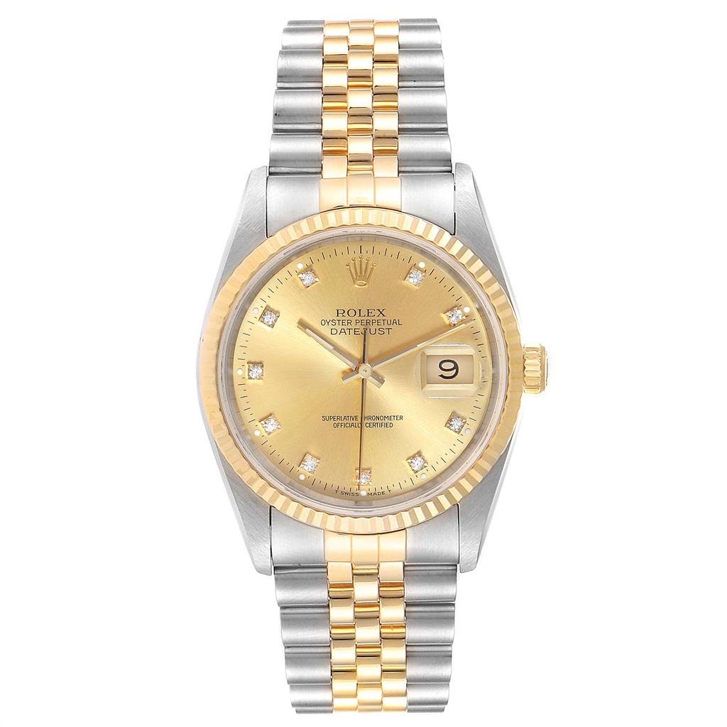 The Rolex Datejust 16233 Men's Steel and Gold (two tone) Champagne Dial 16233 Men's Steel and Gold (two tone) Champagne Dial watch is shown from a front angle, displaying the face, bezel, crown, and Jubilee bracelet.