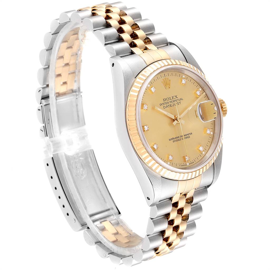 The image shows a side-angle view of a Rolex Datejust 16233 Men's Steel and Gold (two tone) Champagne Dial 16233 Men's Steel and Gold (two tone) Champagne Dial watch, highlighting its gold and silver bracelet and face.