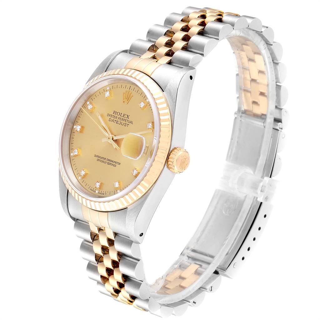 The Rolex Datejust 16233 Men's Steel and Gold (two tone) Champagne Dial 16233 Men's Steel and Gold (two tone) Champagne Dial watch is shown at an angled side view, highlighting its dial face, bezel, crown, and jubilee bracelet.
