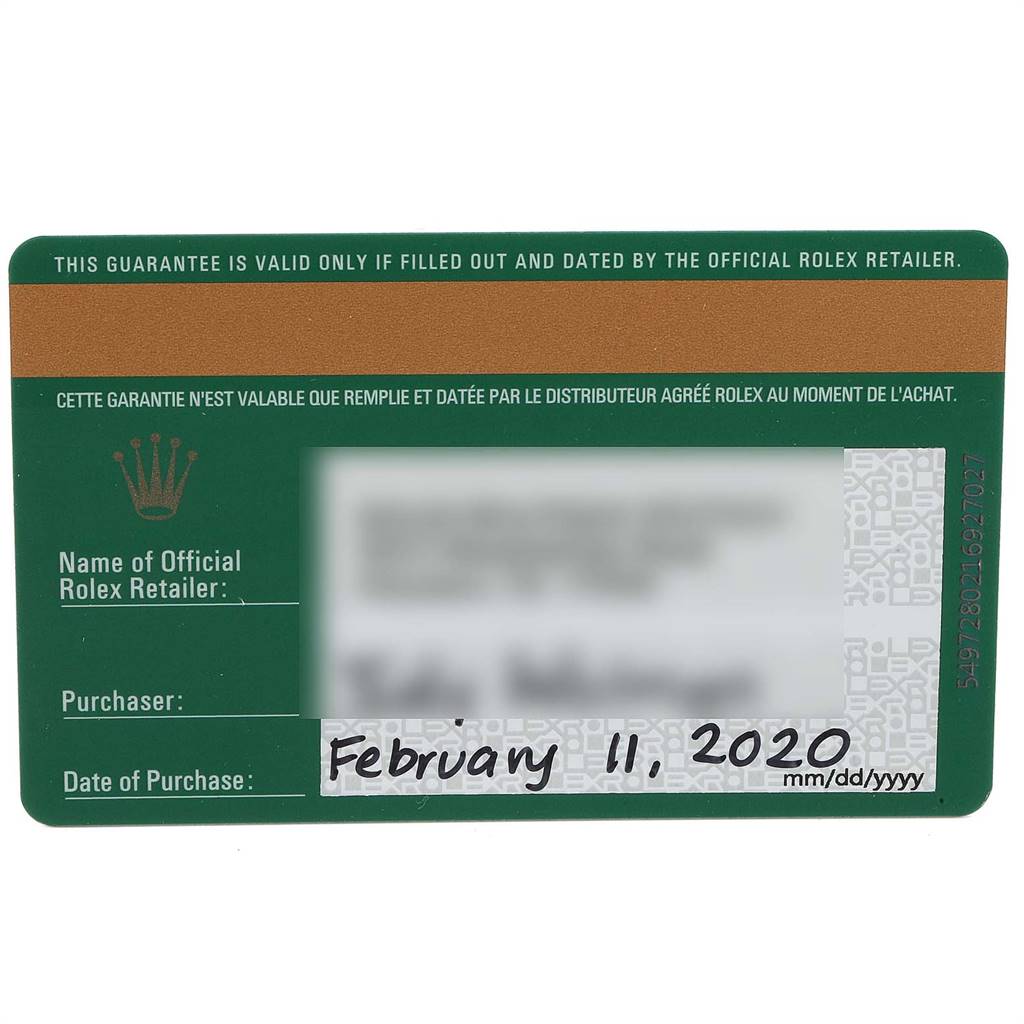 The image shows a warranty card for the Rolex Datejust 116189 Men's White Gold Mother of Pearl Dial 116189 Men's White Gold Mother of Pearl Dial model, including the purchase date and retailer details.