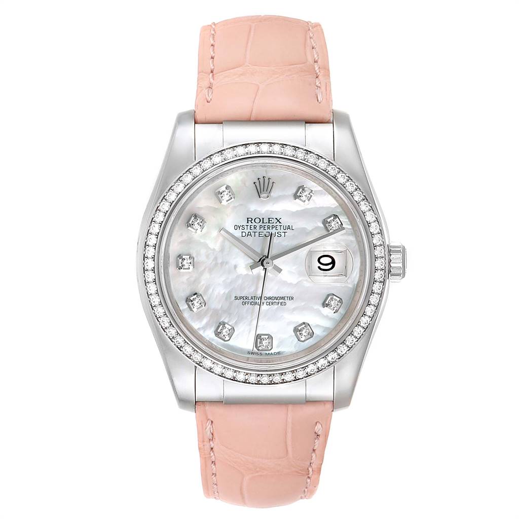 This image shows a front view of a Rolex Datejust 116189 Men's White Gold Mother of Pearl Dial 116189 Men's White Gold Mother of Pearl Dial watch with a pink leather strap and a diamond-studded bezel and markers.