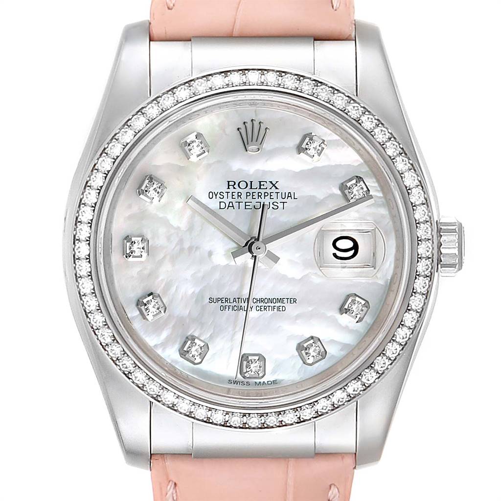 This image shows a frontal view of the Rolex Datejust 116189 Men's White Gold Mother of Pearl Dial 116189 Men's White Gold Mother of Pearl Dial watch featuring a diamond bezel, silver markers, and a pink leather strap.