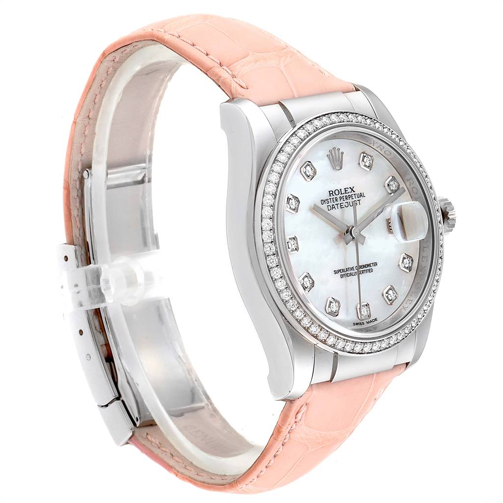 The Rolex Datejust 116189 Men's White Gold Mother of Pearl Dial 116189 Men's White Gold Mother of Pearl Dial watch is shown at a side angle, displaying the watch face, bezel, crown, and pink leather strap.