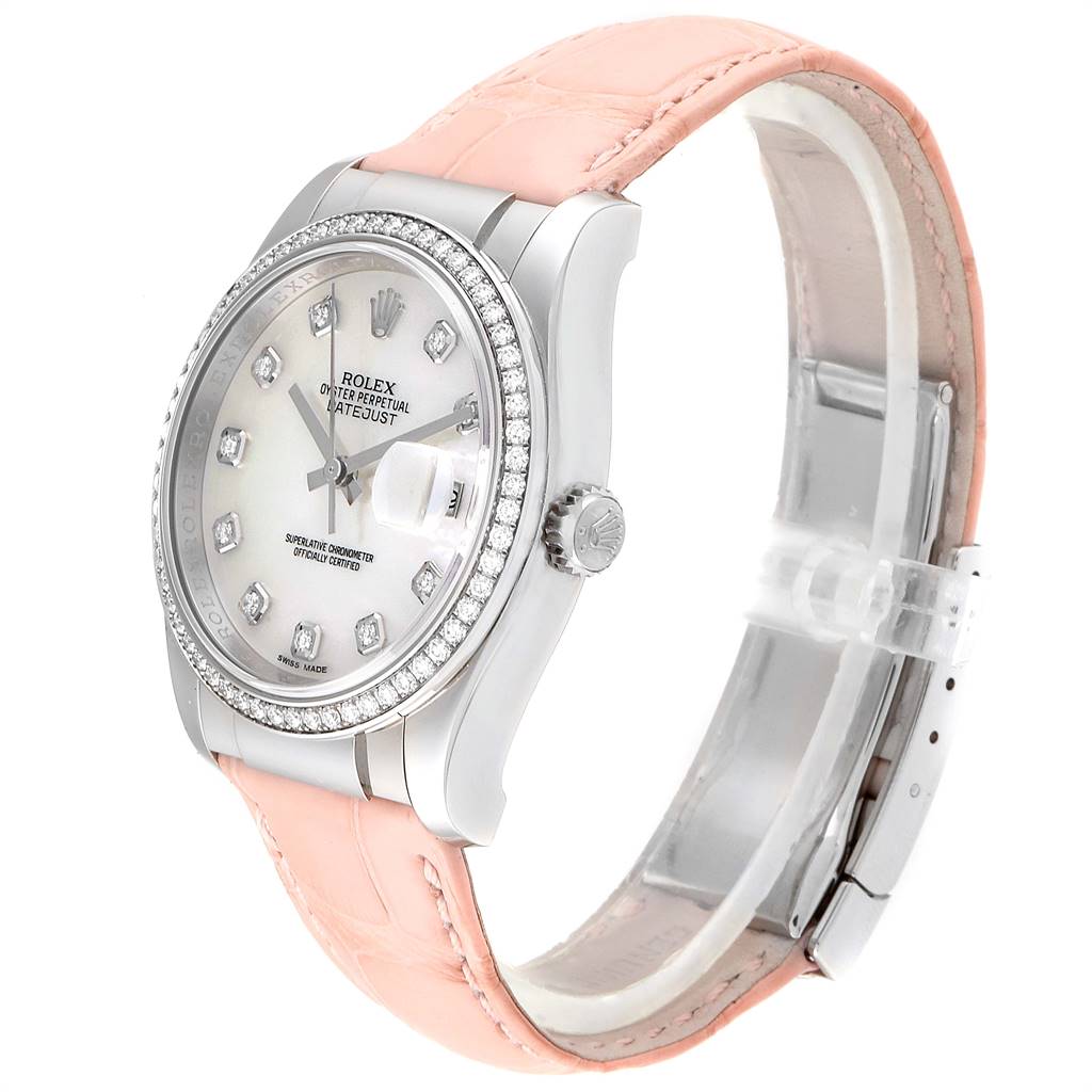 This image shows a side angle of a Rolex Datejust 116189 Men's White Gold Mother of Pearl Dial 116189 Men's White Gold Mother of Pearl Dial watch, featuring its dial, bezel, crown, and pink leather strap.