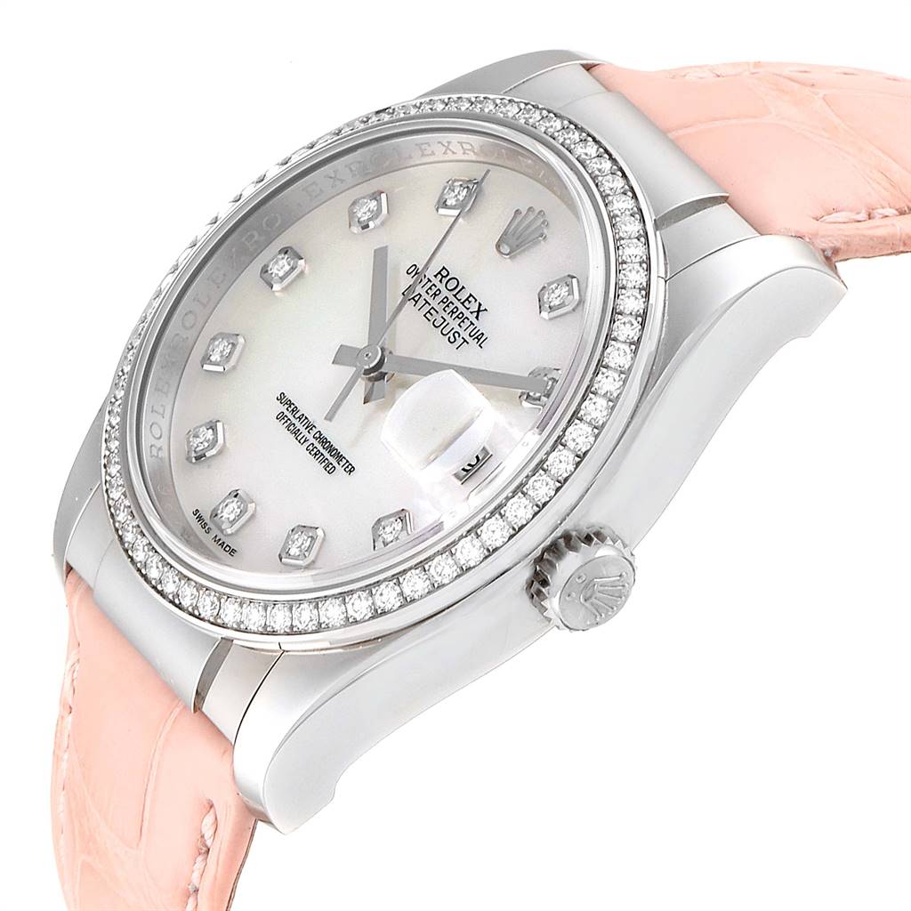 The Rolex Datejust 116189 Men's White Gold Mother of Pearl Dial 116189 Men's White Gold Mother of Pearl Dial watch is shown at an angle highlighting the case, bezel, dial, and crown with a pink leather strap.