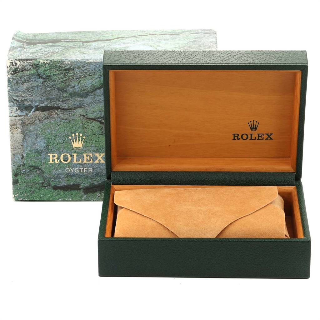 The image shows the opened packaging box for a Rolex Datejust 16233 Men's Steel and Gold (two tone) Grey Dial 16233 Men's Steel and Gold (two tone) Grey Dial model, along with the inner pouch.