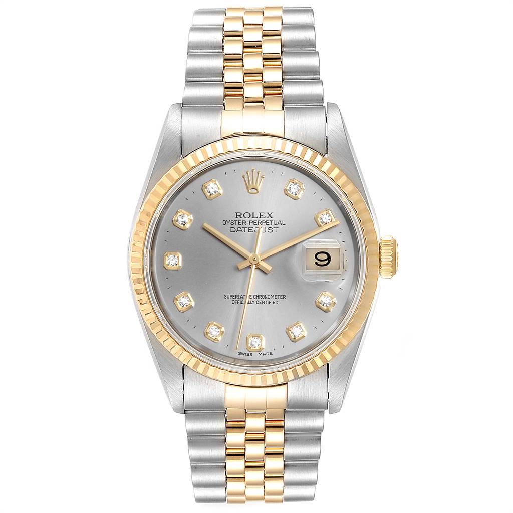 The image shows a frontal view of a Rolex Datejust 16233 Men's Steel and Gold (two tone) Grey Dial 16233 Men's Steel and Gold (two tone) Grey Dial watch, featuring a two-tone bracelet, fluted bezel, and diamond hour markers.