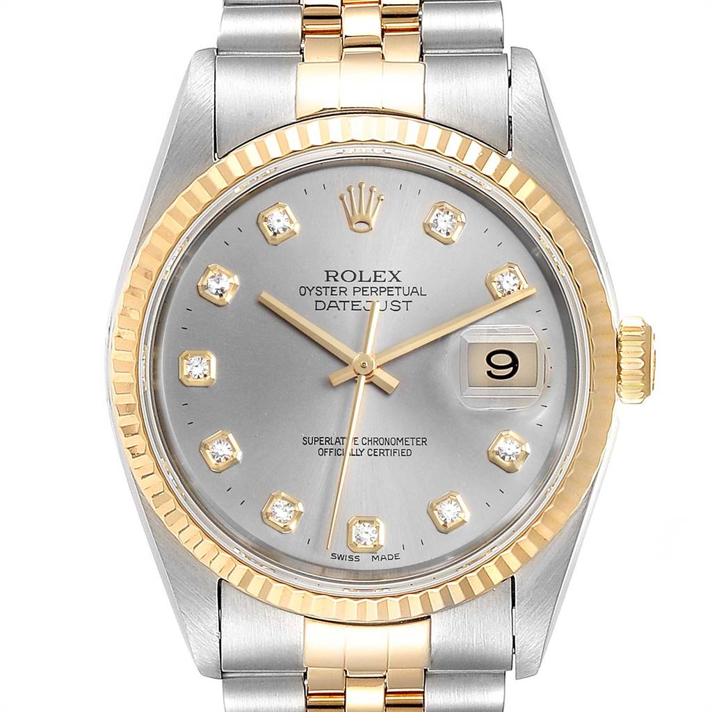This is a front view of a Rolex Datejust 16233 Men's Steel and Gold (two tone) Grey Dial 16233 Men's Steel and Gold (two tone) Grey Dial watch, showcasing the dial, hands, bezel, and part of the bracelet.