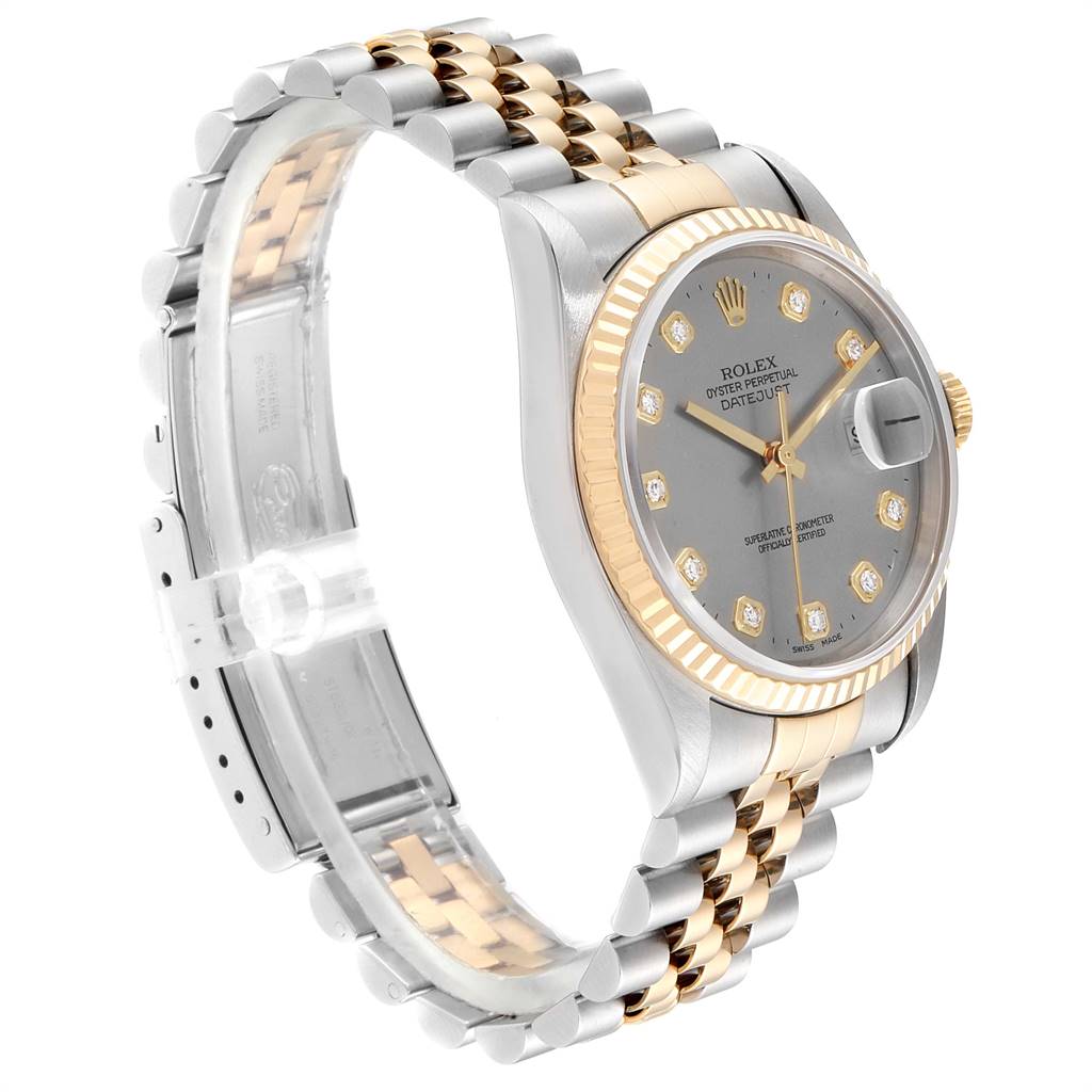 The image shows a side-angled view of a Rolex Datejust 16233 Men's Steel and Gold (two tone) Grey Dial 16233 Men's Steel and Gold (two tone) Grey Dial watch, displaying its dial, bezel, case, and bracelet.