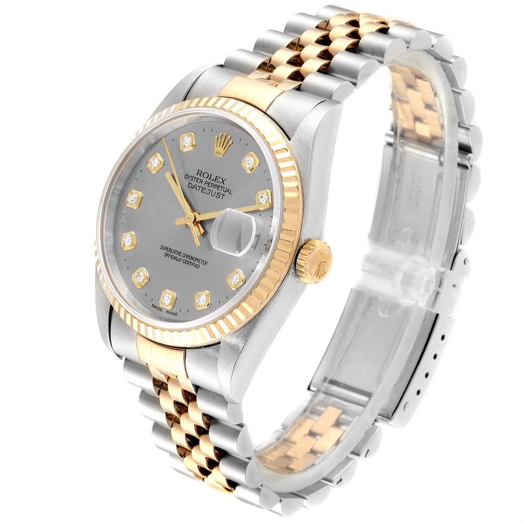 This image shows a Rolex Datejust 16233 Men's Steel and Gold (two tone) Grey Dial 16233 Men's Steel and Gold (two tone) Grey Dial watch at a three-quarter angle, highlighting the dial, bezel, crown, and bracelet.