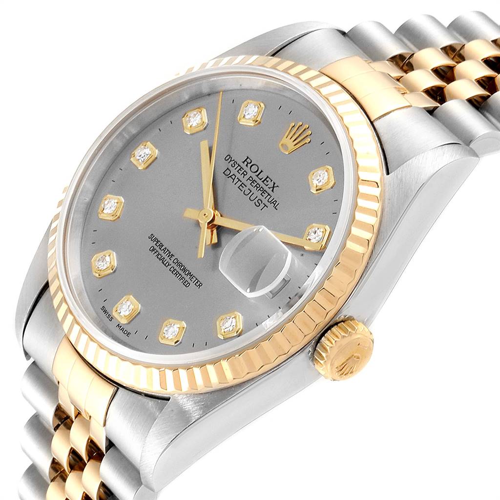 This image shows a Rolex Datejust 16233 Men's Steel and Gold (two tone) Grey Dial 16233 Men's Steel and Gold (two tone) Grey Dial watch at an angled view, highlighting its dial, bezel, and part of the bracelet.