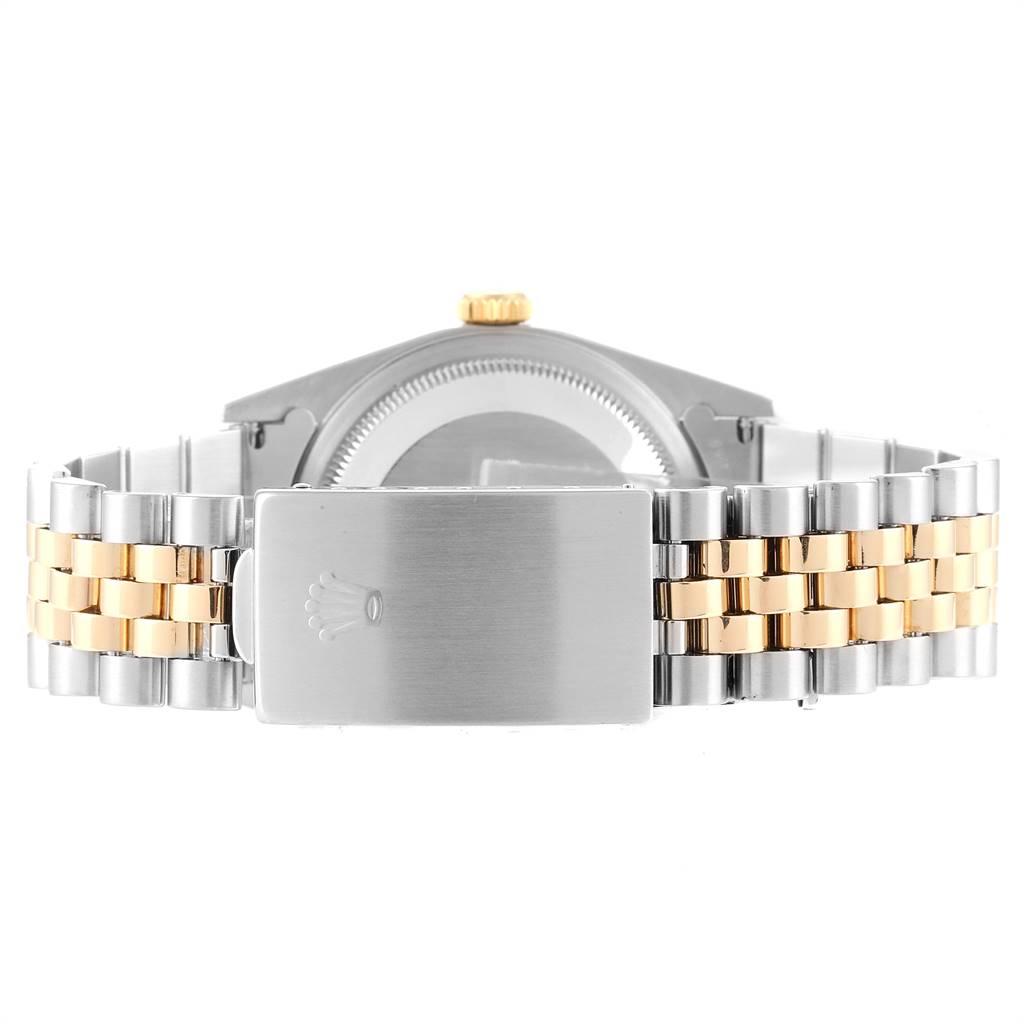 This image shows the back view of the Rolex Datejust 16233 Men's Steel and Gold (two tone) Grey Dial 16233 Men's Steel and Gold (two tone) Grey Dial watch featuring a Jubilee bracelet with two-tone metal links and the clasp.