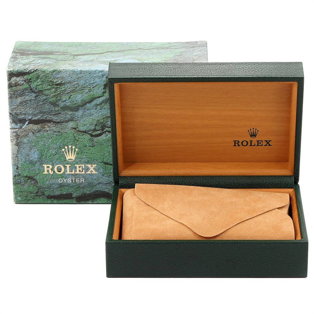 The image shows an open Rolex Oyster box with a suede pouch inside, designed for the Rolex Datejust 16234 Men's Stainless Steel White Dial 16234 Men's Stainless Steel White Dial model.