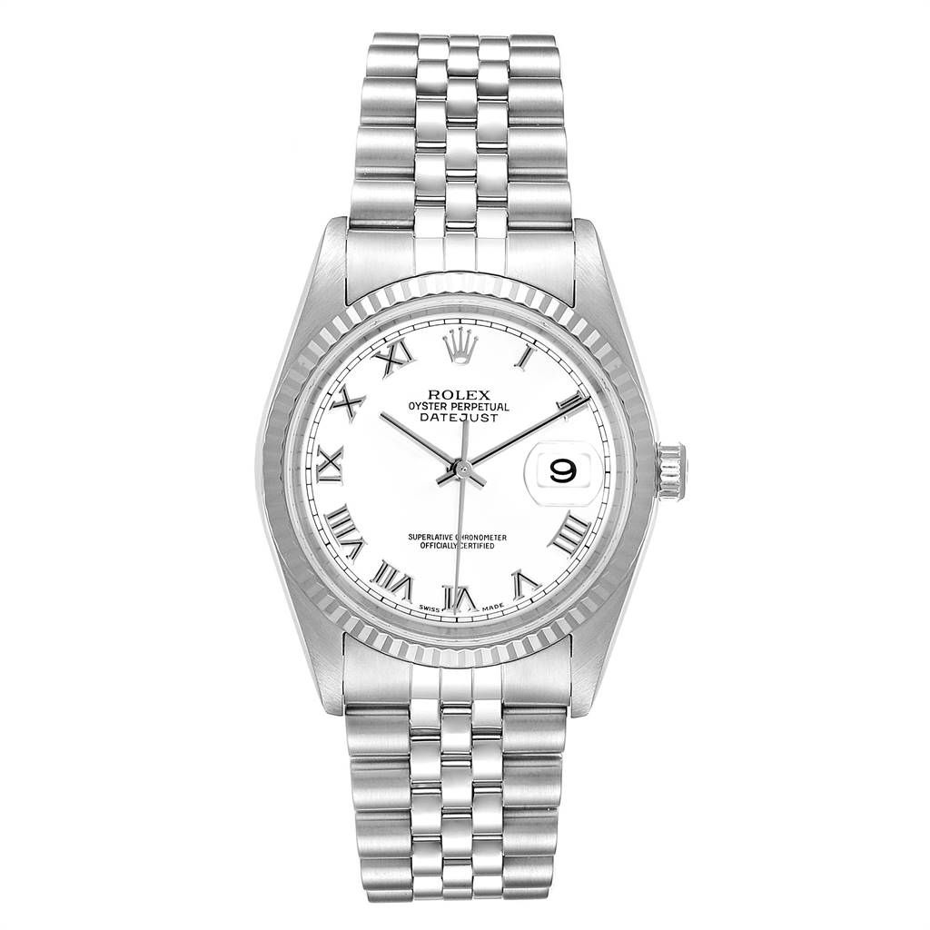 The image shows a front view of a Rolex Datejust 16234 Men's Stainless Steel White Dial 16234 Men's Stainless Steel White Dial watch, displaying its white dial, Roman numerals, and jubilee bracelet.