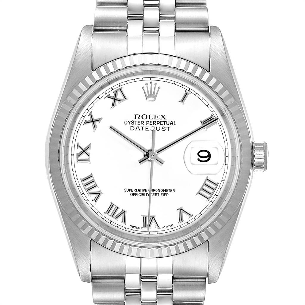 This image shows a front view of a Rolex Datejust 16234 Men's Stainless Steel White Dial 16234 Men's Stainless Steel White Dial watch displaying its face, bezel, and part of the bracelet.