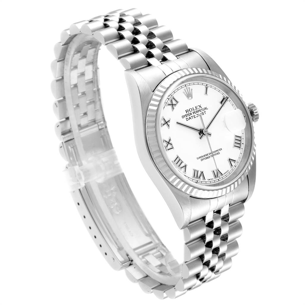 The Rolex Datejust 16234 Men's Stainless Steel White Dial 16234 Men's Stainless Steel White Dial watch is shown at a three-quarter angle, highlighting the face, bezel, and bracelet.