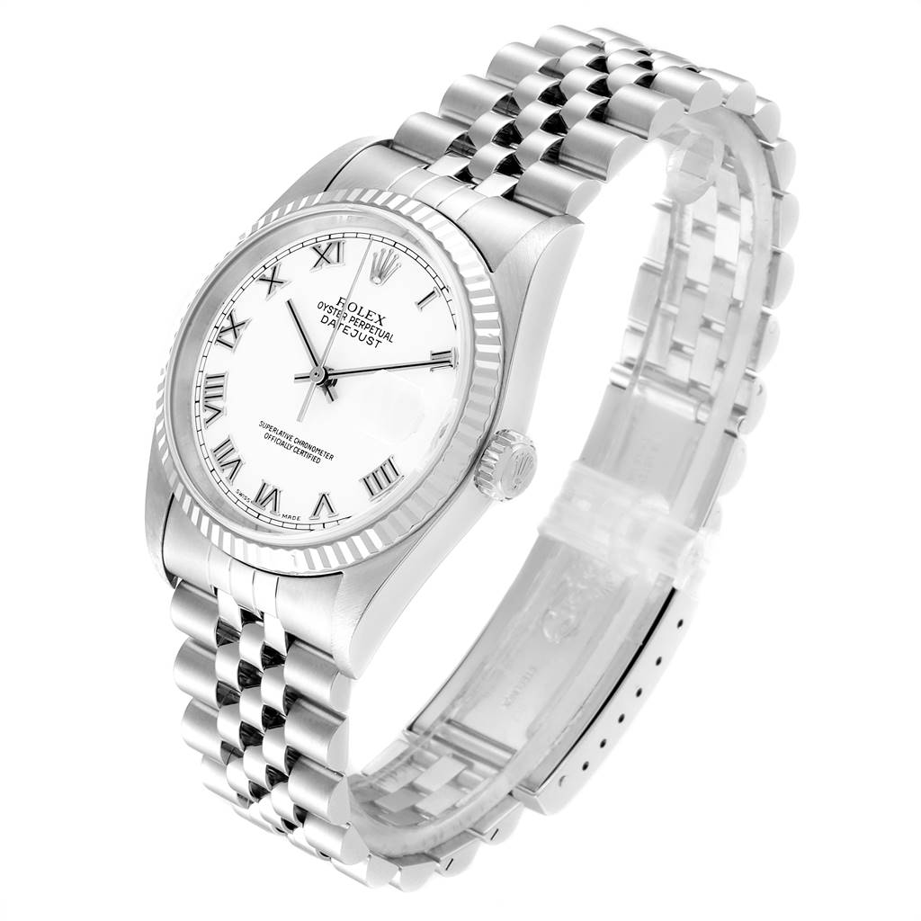 This Rolex Datejust 16234 Men's Stainless Steel White Dial 16234 Men's Stainless Steel White Dial model watch is shown at an angled view displaying its face, dial, crown, and bracelet.
