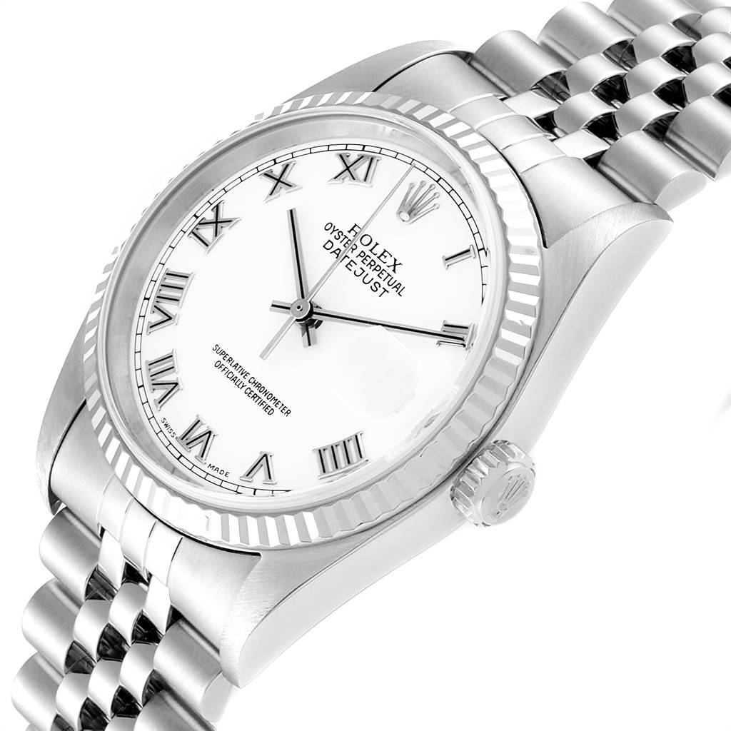 This image shows a Rolex Datejust 16234 Men's Stainless Steel White Dial 16234 Men's Stainless Steel White Dial watch from a three-quarter top-front angle, highlighting the bezel, dial, and bracelet.