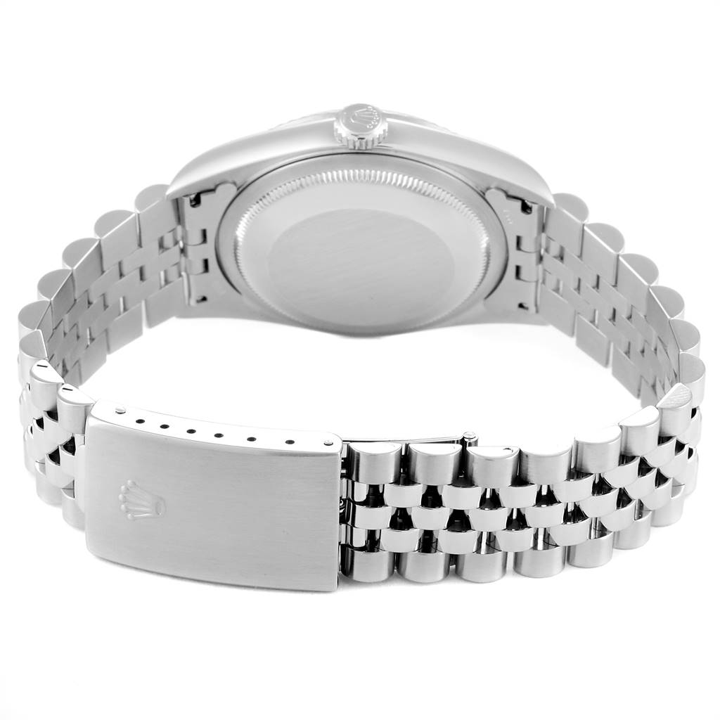 The image shows the back case and bracelet of a Rolex Datejust 16234 Men's Stainless Steel White Dial 16234 Men's Stainless Steel White Dial watch from a rear view angle.