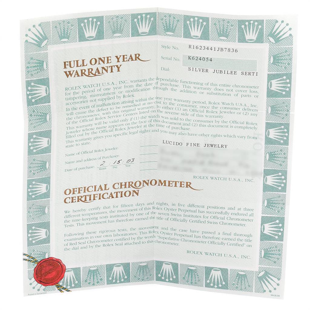 The image shows the official chronometer certification and warranty paper for the Rolex Datejust 16234 Men's Stainless Steel Silver Dial 16234 Men's Stainless Steel Silver Dial model.