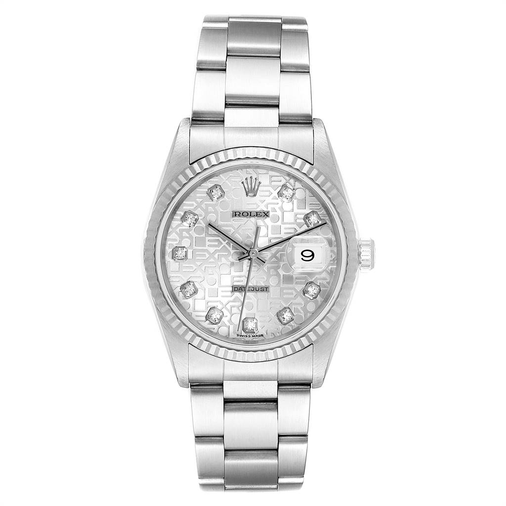 This image shows a front view of a Rolex Datejust 16234 Men's Stainless Steel Silver Dial 16234 Men's Stainless Steel Silver Dial watch, highlighting its face, bracelet, and crown.