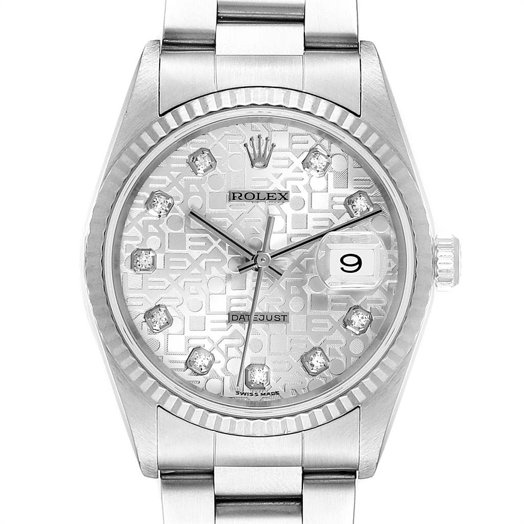 This image shows a front view of the Rolex Datejust 16234 Men's Stainless Steel Silver Dial 16234 Men's Stainless Steel Silver Dial watch, highlighting its patterned dial, date window, and bracelet.