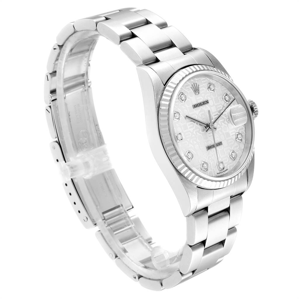 The Rolex Datejust 16234 Men's Stainless Steel Silver Dial 16234 Men's Stainless Steel Silver Dial watch is shown at a slight angle, displaying the face, bezel, bracelet, and clasp.