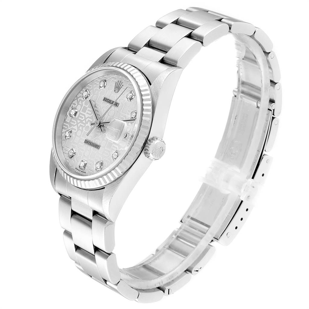 The image shows a Rolex Datejust 16234 Men's Stainless Steel Silver Dial 16234 Men's Stainless Steel Silver Dial watch from a front-side angle, highlighting the dial, bracelet, and clasp.
