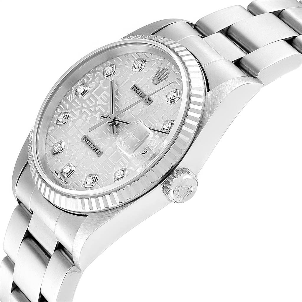 The Rolex Datejust 16234 Men's Stainless Steel Silver Dial 16234 Men's Stainless Steel Silver Dial watch is shown from an angled view, highlighting the dial, fluted bezel, crown, and part of the bracelet.