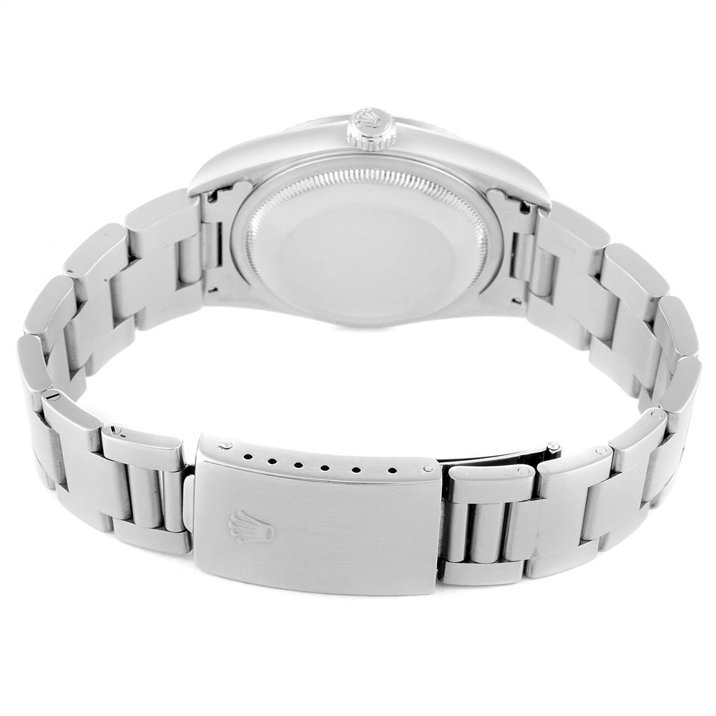 This image shows the back view of the Rolex Datejust 16234 Men's Stainless Steel Silver Dial 16234 Men's Stainless Steel Silver Dial watch, highlighting the bracelet and clasp.