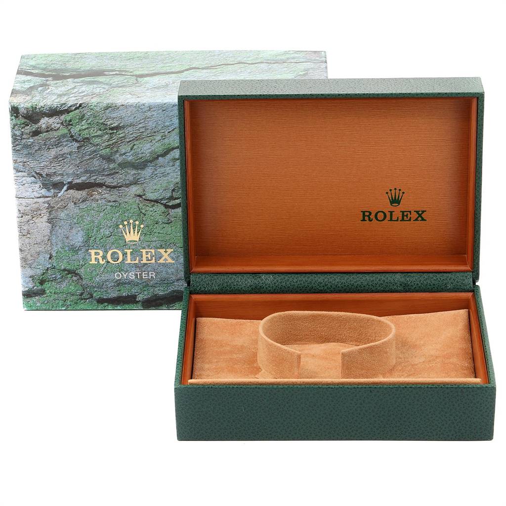 This image shows the open box and outer packaging for a Rolex Datejust 16233 Men
s Steel and Gold (two tone) Blue Dial 16233 Men
s Steel and Gold (two tone) Blue Dial watch, revealing the inner cushioned display.