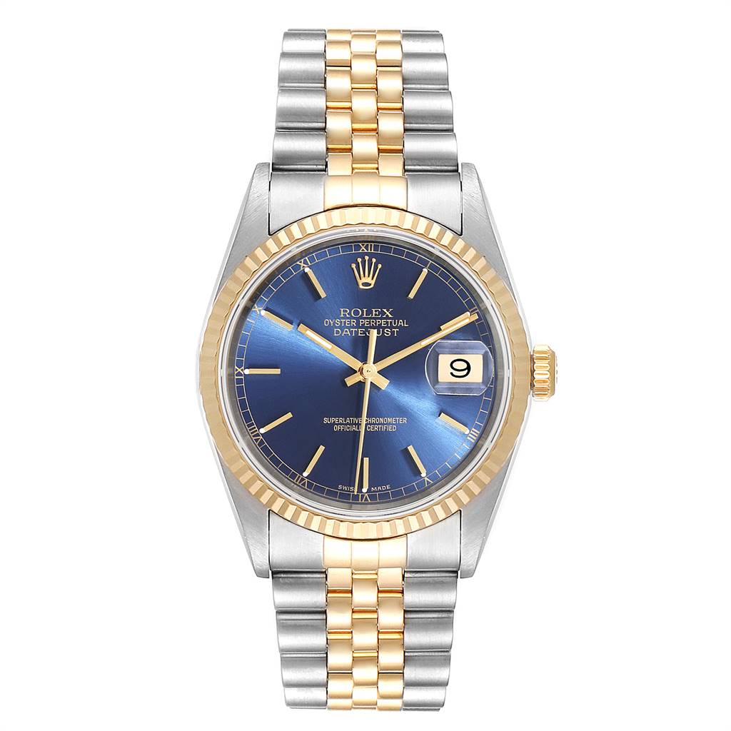 This is a head-on view of a Rolex Datejust 16233 Men
s Steel and Gold (two tone) Blue Dial 16233 Men
s Steel and Gold (two tone) Blue Dial watch, showcasing the blue dial, date window, two-tone bezel, and Jubilee bracelet.