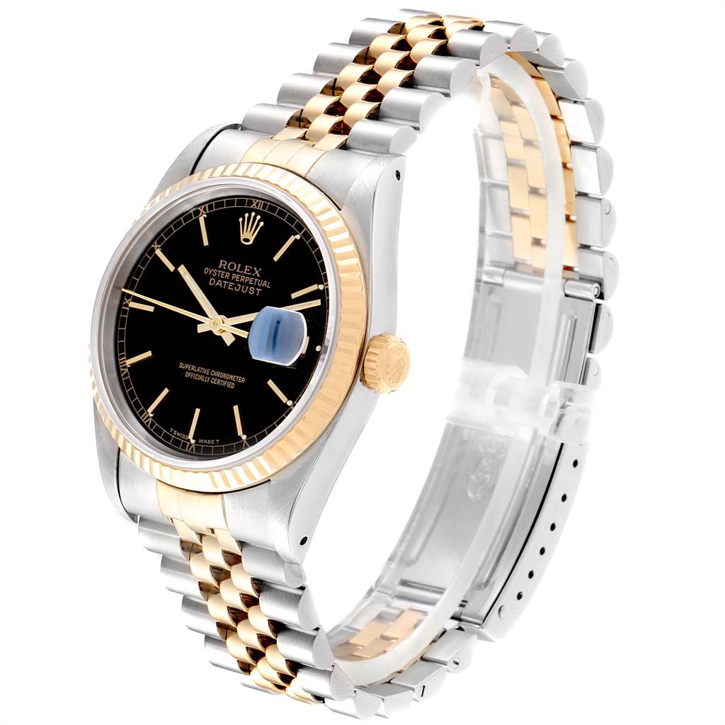 The image shows a side and front angle of the Rolex Datejust 16233 Men
s Steel and Gold (two tone) Black Dial 16233 Men
s Steel and Gold (two tone) Black Dial model, featuring its bracelet, bezel, dial, and crown.