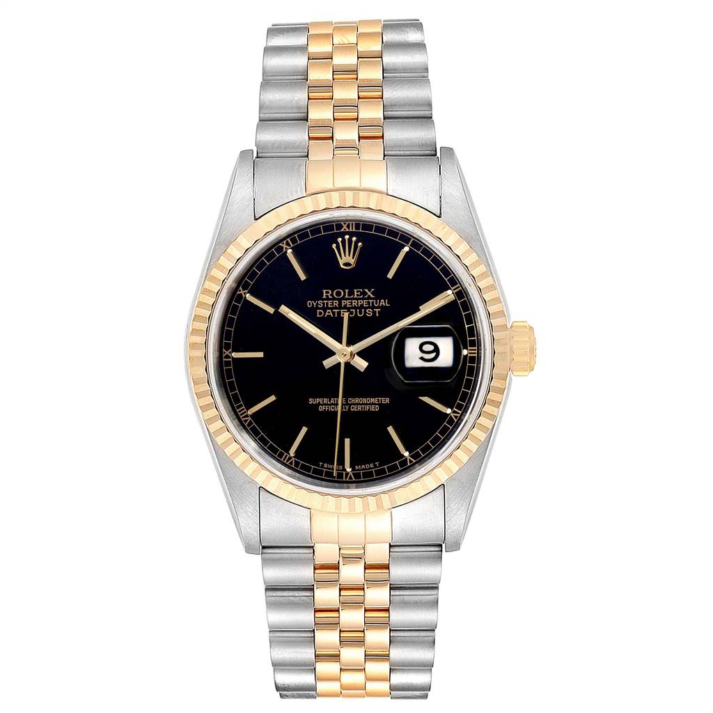 This image shows a Rolex Datejust 16233 Men
s Steel and Gold (two tone) Black Dial 16233 Men
s Steel and Gold (two tone) Black Dial watch in a straight-on angle, displaying its face, bezel, and two-tone bracelet.