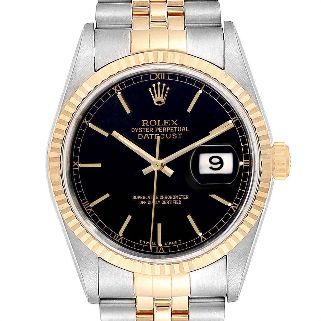 The image shows a front view of a Rolex Datejust 16233 Men
s Steel and Gold (two tone) Black Dial 16233 Men
s Steel and Gold (two tone) Black Dial watch, featuring a black dial, fluted bezel, and two-tone bracelet.