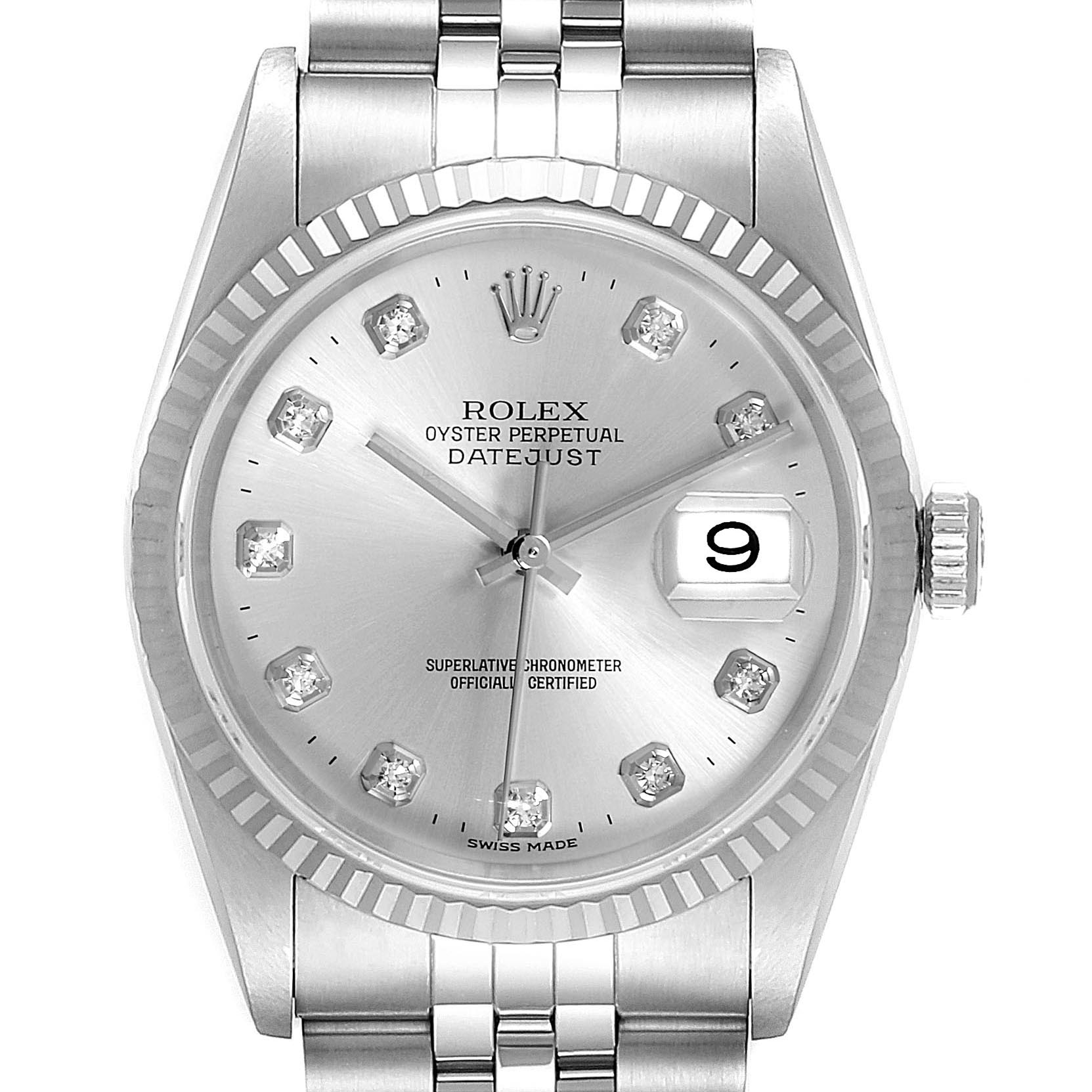 Rolex Datejust Steel White Gold Silver Diamond Dial Mens Watch 16234 ...