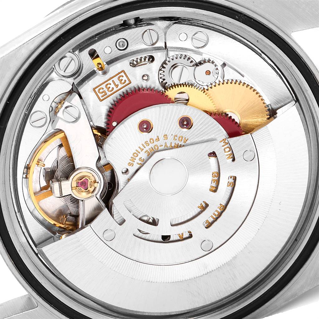 The image shows the internal mechanism and movement parts of a Rolex Datejust 16234 Men's Stainless Steel Silver Dial 16234 Men's Stainless Steel Silver Dial watch from the back.
