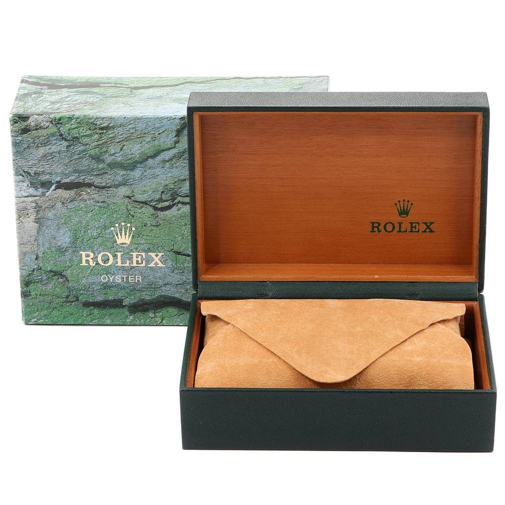 The image shows the packaging of a Rolex Datejust 16234 Men's Stainless Steel Silver Dial 16234 Men's Stainless Steel Silver Dial model, including the outer box, inner display box, and suede pouch.