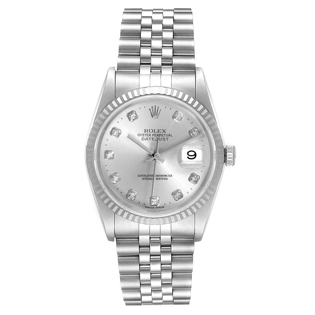 The image shows a frontal view of the Rolex Datejust 16234 Men's Stainless Steel Silver Dial 16234 Men's Stainless Steel Silver Dial watch, highlighting its dial, bezel, and bracelet.