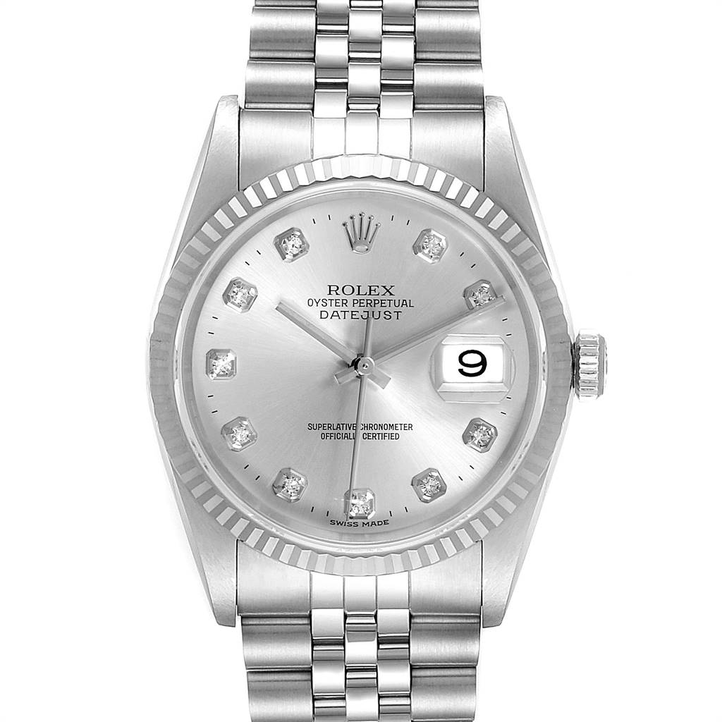 This is a head-on view of the Rolex Datejust 16234 Men's Stainless Steel Silver Dial 16234 Men's Stainless Steel Silver Dial watch, showcasing the dial, fluted bezel, bracelet, and date window.