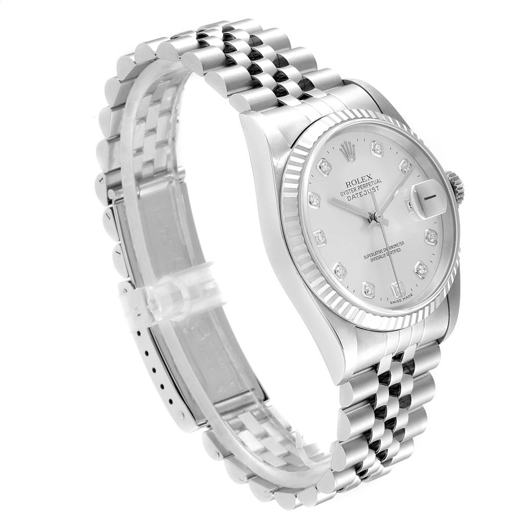 The image shows a Rolex Datejust 16234 Men's Stainless Steel Silver Dial 16234 Men's Stainless Steel Silver Dial model watch from an angled side view, highlighting the dial, bracelet, and crown.