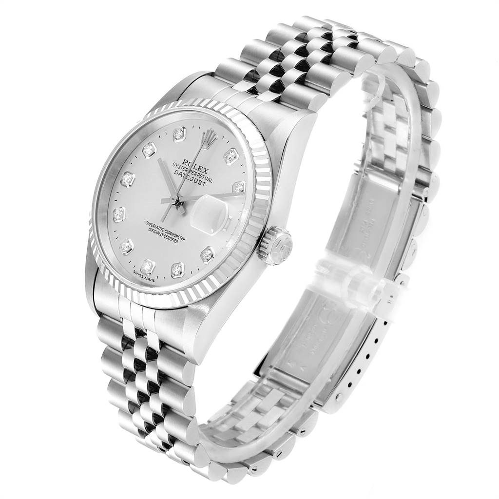 This image shows a Rolex Datejust 16234 Men's Stainless Steel Silver Dial 16234 Men's Stainless Steel Silver Dial watch from a three-quarter angle, highlighting its dial, bezel, bracelet, and crown.