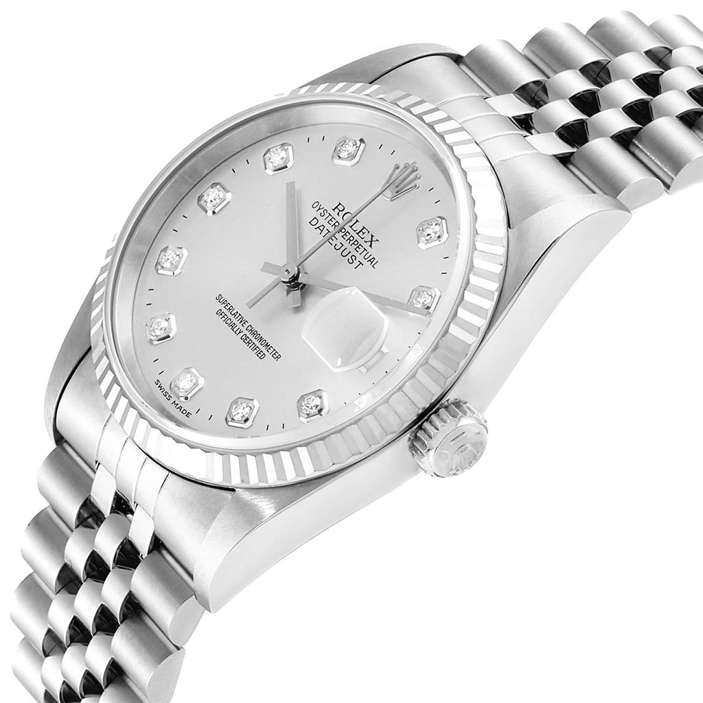The image shows a Rolex Datejust 16234 Men's Stainless Steel Silver Dial 16234 Men's Stainless Steel Silver Dial watch from an angled side view, displaying the face, crown, bezel, and part of the bracelet.