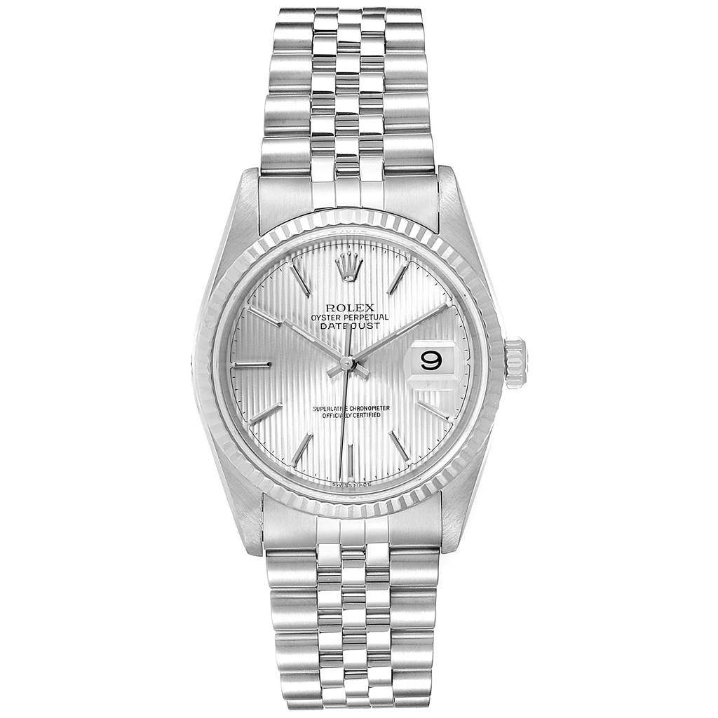 This image shows a frontal view of the Rolex Datejust 16234 Men's Stainless Steel Silver Dial 16234 Men's Stainless Steel Silver Dial watch, highlighting its dial, bezel, and bracelet.